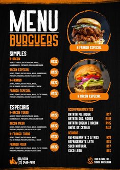 a menu for a restaurant with different types of burgers