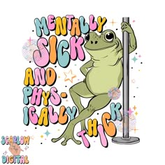 a cartoon frog climbing up the side of a pole with words around it and stars