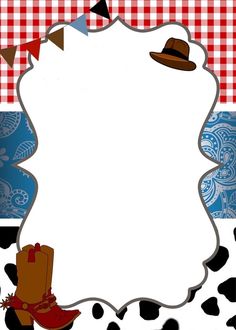 an image of a cowboy themed frame with hats and boots on the border, in front of a checkered tablecloth background