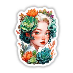 Portrait sticker of a woman with succulents in her hair Succulent Plants, The Nature, Planting Succulents, Digital Artwork, Succulent, 4 Inch, Digital Download, Unique Designs, Plants