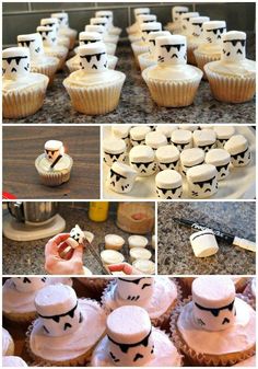 cupcakes with white frosting and black designs are being cut into small pieces