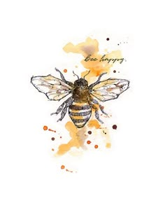 a watercolor painting of a bee with the words happy on it's back