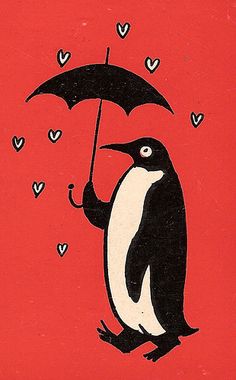 a penguin holding an umbrella on a red background with hearts in the shape of hearts