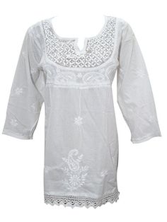 Womens White Tunic Dress Cotton Floral Hand Embroidered B... https://www.amazon.ca/dp/B01MR9BISG/ref=cm_sw_r_pi_dp_x_dppRzbFY32Z6C  #TUNIC #BOHO #FASHION #HIPPIE #SALE #WHITE #GIFT #BOHOHIPPIE #GIFTFORHER Kurta Top, White Peasant Blouse, Embroidered Kurti, Embroidered Tunic Top