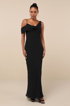 Black Asymmetrical Maxi Dress - Cowl Neck Dress - Black Gown - Lulus Asymmetrical Pre-draped Evening Dress For Gala, Pre-draped Maxi Dress For Prom Evening, Pre-draped One Shoulder Maxi Dress For Party, Pre-draped Evening Dress With Asymmetrical Hem, Asymmetrical Pre-draped Evening Dress For Prom, Pre-draped Asymmetrical Evening Dress For Prom, Formal Pre-draped Chiffon Maxi Dress, Elegant Chiffon Dress For Prom Season, Fitted One Shoulder Chiffon Dress With Asymmetrical Neckline