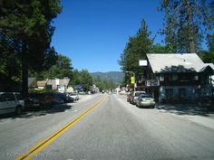 a street with cars parked on both sides and shops in the middle, surrounded by pine trees