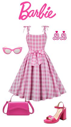 a pink and white checkered dress with sunglasses, purse and handbag on it