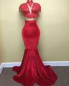 Top In Pizzo, Red Prom Dress Long, High Neck Prom Dress, 2 Piece Prom Dress, Mermaid Prom Dresses Lace, Sparkly Prom Dresses, Floor Length Prom Dresses, Red Evening Dress, Prom Dresses Modest