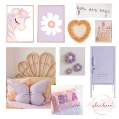 a collage of pictures with pink and purple furniture, flowers, hearts, and other items