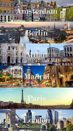 four different pictures with the names of cities in each country and their name on them