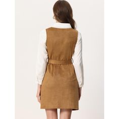 This overall dress is made up of several design points: Pinafore, Pockets, Solid color, Round neck, Faux suede, Sleeveless, Zip front, A-line, Side pockets, Unlined, Above Knee Length. Suit for daily wear, office business wear in fall and winter. Occasions: Christmas Party, Office, Work, Meetings, Formal Ceremony, Casual, etc. The measurement of length is from shoulder to bottom. Fitted Brown Sleeveless Dress For Fall, Sleeveless Beige Mini Dress For Fall, Beige Sleeveless Mini Dress For Fall, Sleeveless Brown Mini Dress For Work, Brown Sleeveless Mini Dress For Work, Brown Sleeveless Knee-length Dress For Work, Brown Knee-length Sleeveless Dress For Work, Work Meetings, Business Wear