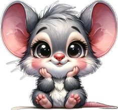 a cartoon mouse with big eyes sitting next to a white mouse's tail and looking at the camera