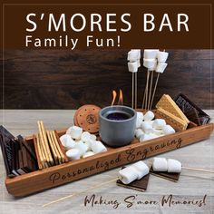 Enjoy S'mores indoors and outdoors! Making lasting memories with family and friends! INCLUDES: Our handmade Cherry Smores roasting station, our handcrafted concrete roaster, 50 bamboo skewers and 1 can of roasting fuel gel. FREE GROUND SHIPPING Our Savona S'more Board is handcrafted of American Cherry hardwood and constructed with pride as a family heirloom to be enjoyed for many years.  Individual spaces for marshmallows, graham crackers and chocolate, Savona's s'mores board easily carries to t Smores Menu, S'mores Tray, Smores Station, Smores Bar, Party Stations, Cherry Hardwood, S'mores Bar, Bamboo Skewers, Chafing Dishes