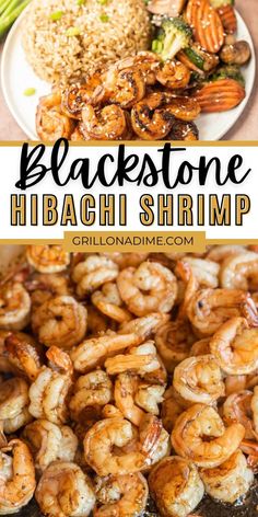 shrimp and broccoli on a plate next to rice with the words blackstone hibashi shrimp