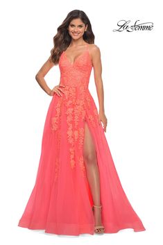 La Femme 30637 Hot Coral 00 Spring 2023 Pink Designer Dresses, Flower Allover, Neon Prom Dresses, Glamorous Dress, Prom Dresses Long Pink, Prom Ball Gown, Pink Formal Dresses, Tulle Ball Gown, Glamorous Dresses