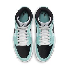 Dressed in a multiplicity of materials and textures, as well as contrasting grey-white, black and turquoise, this Air Jordan 1 Mid "Aqua Blue Tint" features an iconic Nike Swoosh on the medial and lateral sidewalls is in the dark black coloring. SKU: BQ6472-300 Release Date: Jul 15th, 2021 Color: Light Dew/Black-Teal Tint-White Jordan 1 Mid Women, Wmns Air Jordan 1, Jordan Model, Jordan 11 Retro Low, Womens Air Jordans, Air Jordan 6, Jordan 11 Retro, Black Shoes Women, Jordan 6