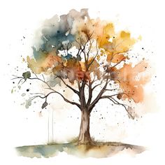 a watercolor painting of a tree with lots of leaves