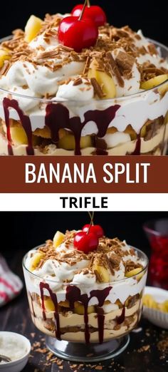 banana split trifle with whipped cream and cherries in the center, topped with fruit