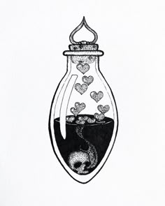 a black and white drawing of a vase filled with water, hearts in the bottom