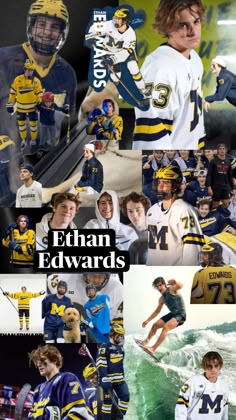 the collage shows many different pictures of people in uniforms and sports equipment, including hockey players