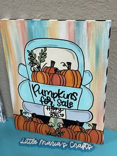 "Add a unique piece of original art to your home decorating! Featuring a turquoise little vintage truck with orange pumpkins, this painting will add color and brightness to your home for fall and makes a great gift.  This size painting is great to sit inside of a shelf or to layer over other pieces on a mantel. It is also a great piece to decorate with in a small office or cubicle. The possibilities are endless with this piece! SIZE: 8\"x 10\" Every painting is one of a kind. Please know that some variations will happen as these are handmade and hand-painted by myself.  Thank you for shopping my page! I love custom orders, so if you don't see something your looking for, please message me and we can create something just for you! I do not accept Returns or Refunds since items are made-to-or Truck Canvas Painting, Pumpkin Canvas Painting, Pumpkins For Sale, Pumpkin Canvas, Halloween Wood Crafts, Halloween Pumpkins Painted