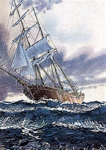 a painting of a ship in rough seas