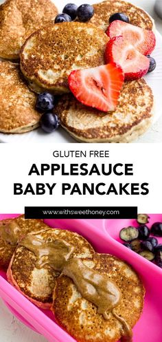 pancakes with syrup and strawberries on top are shown in this collage for the baby pancake recipe