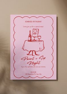 a pink dinner party card with an image of a table and wine bottle on it