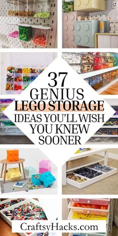 some shelves with legos in them and the words 37 genius lego storage ideas you'll