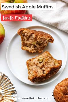 three apple muffins on a white plate next to an apple