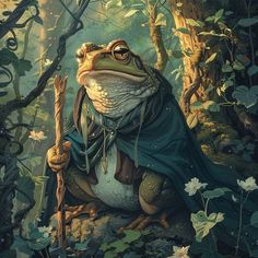 a frog dressed as a wizard holding a staff in the forest with leaves and vines