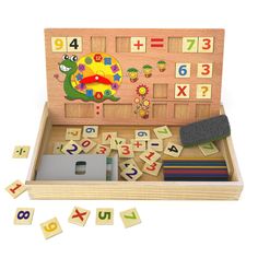 a wooden toy with numbers and letters in it