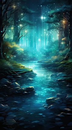 a river flowing through a forest filled with lots of trees and lights under a sky filled with stars