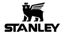 the stanley lion logo is shown in black and white, with an eagle on it's head