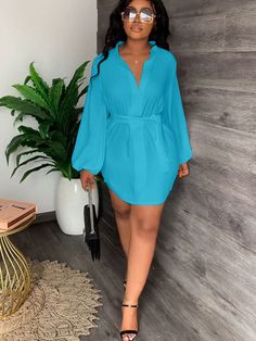 Material:95% Polyester & 5% Spandex. Features:V-neck, solid color, Long Sleeve Dress, belted, elegant, tie-up, mini dresses.Style: Casual. Blue V-neck Mini Dress With Tie Waist, V-neck Party Dress With Belt, Casual V-neck Belted Mini Dress, Chic V-neck Belted Dress, Chic Belted Dress With V-neck, V-neck Belted Dress With Tie Waist For Party, V-neck Belted Dress For Party, Summer V-neck Belted Dress, Tie Waist Mini Dresses