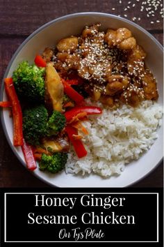 a plate with rice, broccoli, and chicken on it that says honey ginger sesame chicken