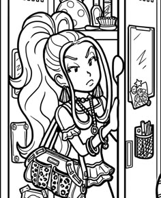 a coloring page with a girl in the kitchen