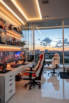 Best Gaming Room Setup, Gamer House Decor, Studio Game Room, Luxury Gaming Room Setup, Gaming Office Setup, Day Trading Setup Home Office, Luxury Gaming Room, Gamer Room Ideas, Gaming Room Setup Ideas