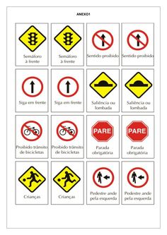 spanish traffic signs are shown in this image, with the words and symbols below them