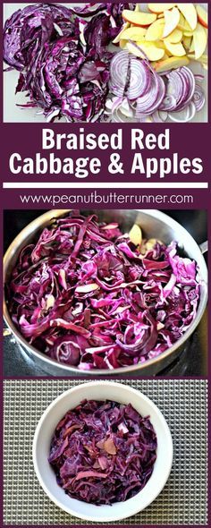 red cabbage and apples in a bowl with the words braised red cabbage and apples