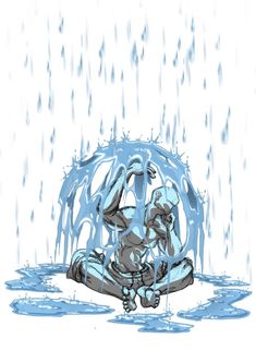 a drawing of a person sitting under an umbrella in the rain with water droplets on it