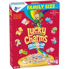 lucky charms cereal box sitting on top of a table