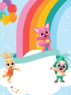 two cartoon characters are standing in front of a rainbow and some balloons with the same character on it