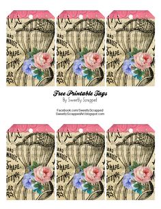 six tags with pink roses and blue flowers on them