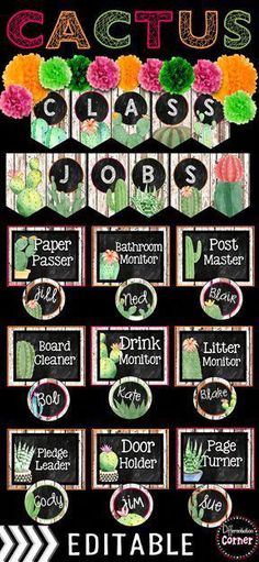 the cactus class jobs sign is displayed on a blackboard with colorful flowers and pom poms