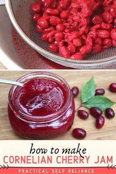 cranberry jam in a strainer with text overlay that reads how to make cornelan cherry jam practical self reliance