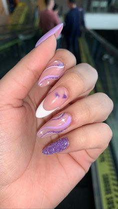 Nail Design On Almond Shape, Pink Nails With Sparkle Tips, Purple Almond Acrylic Nails Ideas, Purple Reflective Nails, Purple Prom Nails Almond, Gel Nails Almond Purple, Almond Glam Nails, Gel X Nail Designs Spring, Pretty Purple Nail Designs