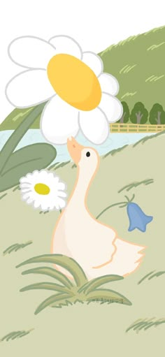 a duck with a flower on its head is standing in the grass next to a blue bird