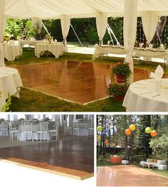 an outdoor wedding reception with tables and chairs