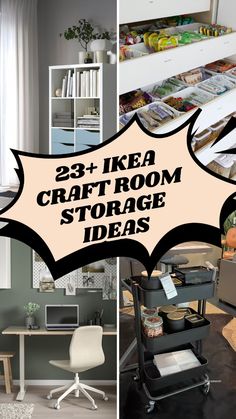 two pictures with the words 25 ikea craft room storage ideas